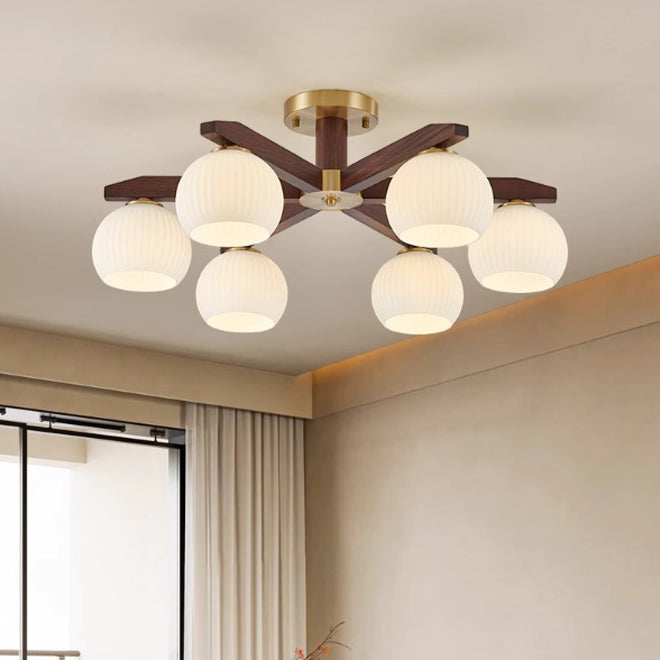 Traditional Chinese Copper Wood Glass Branch Globe Cylinder 5/6/8/10 Light Semi-Flush Mount Ceiling Light For Living Room