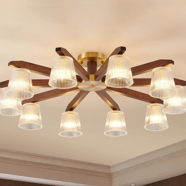 Traditional Chinese Copper Wood Glass Branch Globe Cylinder 5/6/8/10 Light Semi-Flush Mount Ceiling Light For Living Room