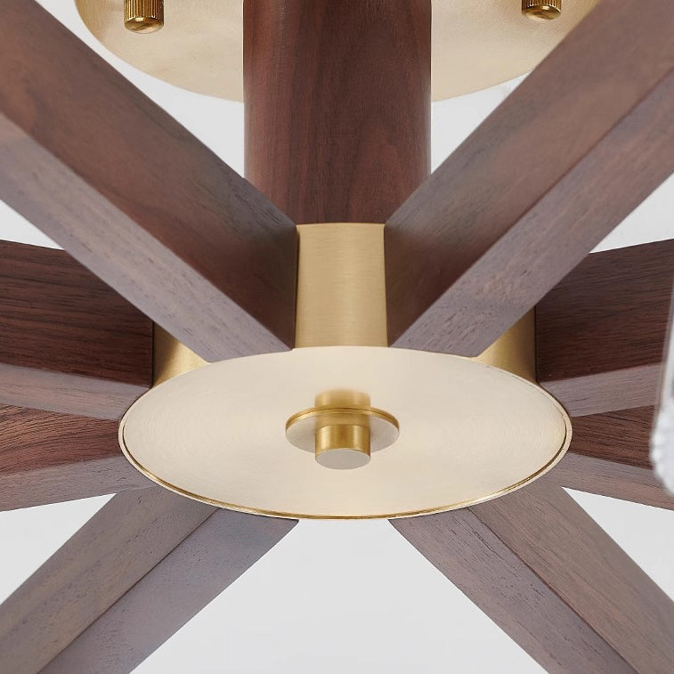 Traditional Chinese Copper Wood Glass Branch Globe Cylinder 5/6/8/10 Light Semi-Flush Mount Ceiling Light For Living Room