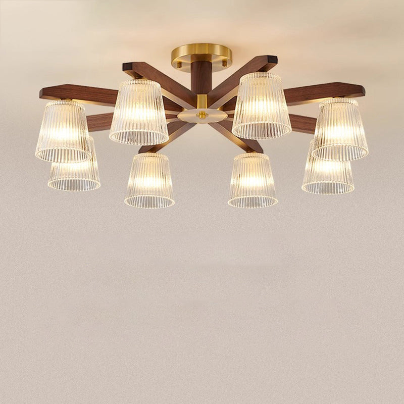 Traditional Chinese Copper Wood Glass Branch Globe Cylinder 5/6/8/10 Light Semi-Flush Mount Ceiling Light For Living Room