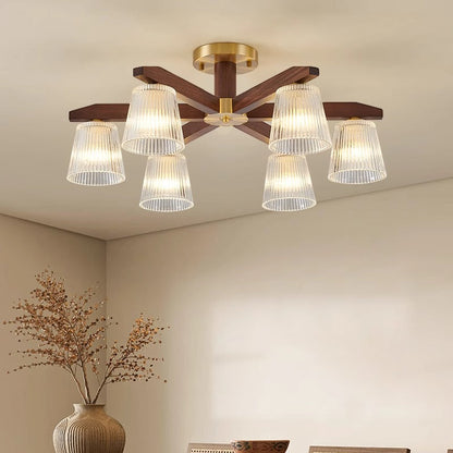Traditional Chinese Copper Wood Glass Branch Globe Cylinder 5/6/8/10 Light Semi-Flush Mount Ceiling Light For Living Room