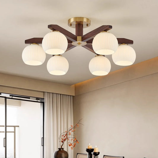 Traditional Chinese Copper Wood Glass Branch Globe Cylinder 5/6/8/10 Light Semi-Flush Mount Ceiling Light For Living Room