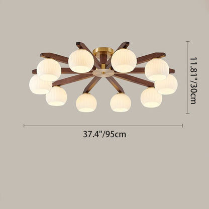 Traditional Chinese Copper Wood Glass Branch Globe Cylinder 5/6/8/10 Light Semi-Flush Mount Ceiling Light For Living Room
