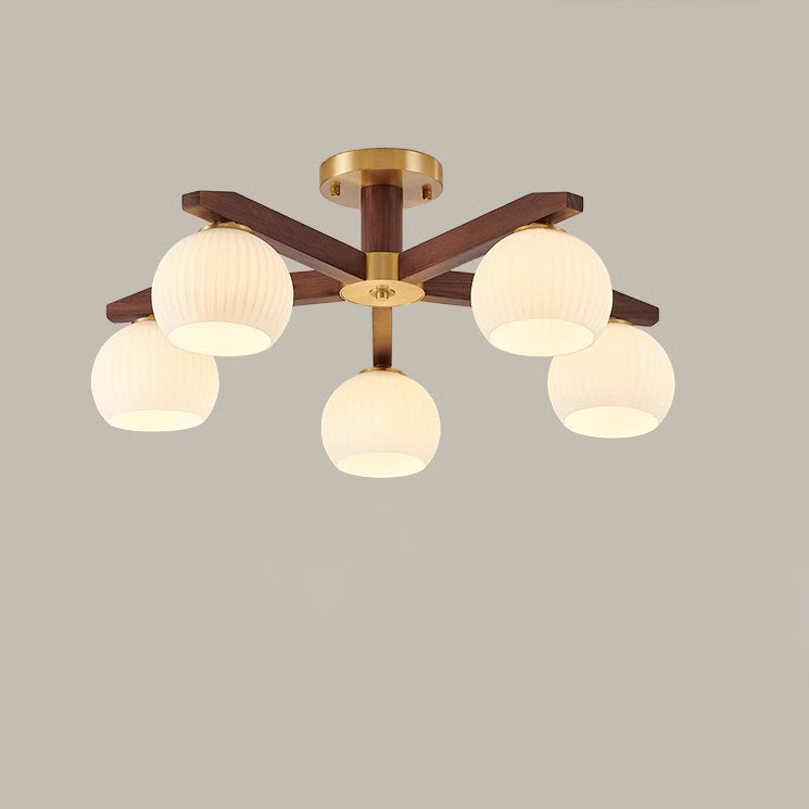 Traditional Chinese Copper Wood Glass Branch Globe Cylinder 5/6/8/10 Light Semi-Flush Mount Ceiling Light For Living Room