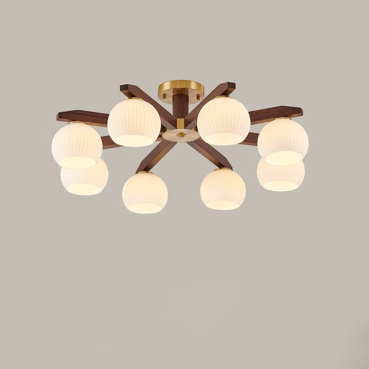 Traditional Chinese Copper Wood Glass Branch Globe Cylinder 5/6/8/10 Light Semi-Flush Mount Ceiling Light For Living Room