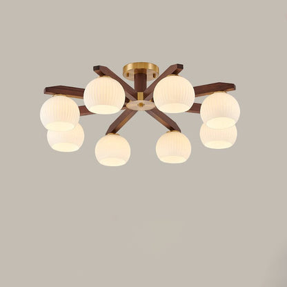 Traditional Chinese Copper Wood Glass Branch Globe Cylinder 5/6/8/10 Light Semi-Flush Mount Ceiling Light For Living Room