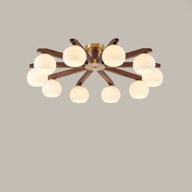 Traditional Chinese Copper Wood Glass Branch Globe Cylinder 5/6/8/10 Light Semi-Flush Mount Ceiling Light For Living Room