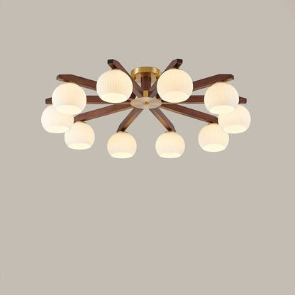 Traditional Chinese Copper Wood Glass Branch Globe Cylinder 5/6/8/10 Light Semi-Flush Mount Ceiling Light For Living Room