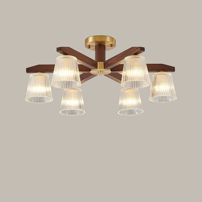 Traditional Chinese Copper Wood Glass Branch Globe Cylinder 5/6/8/10 Light Semi-Flush Mount Ceiling Light For Living Room