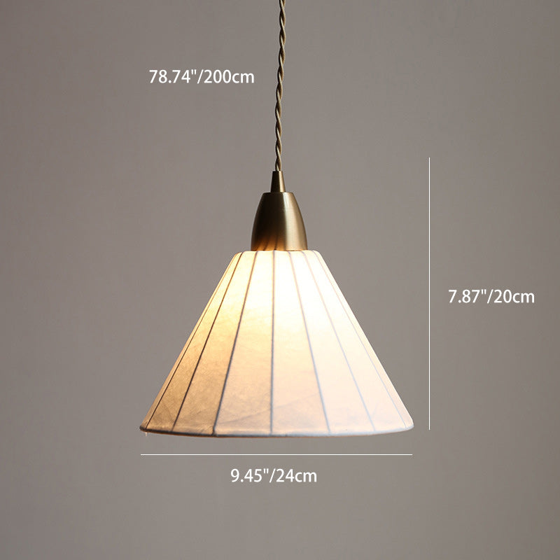 Traditional Japanese Brass Silk Cone 1-Light Pendant Light For Living Room