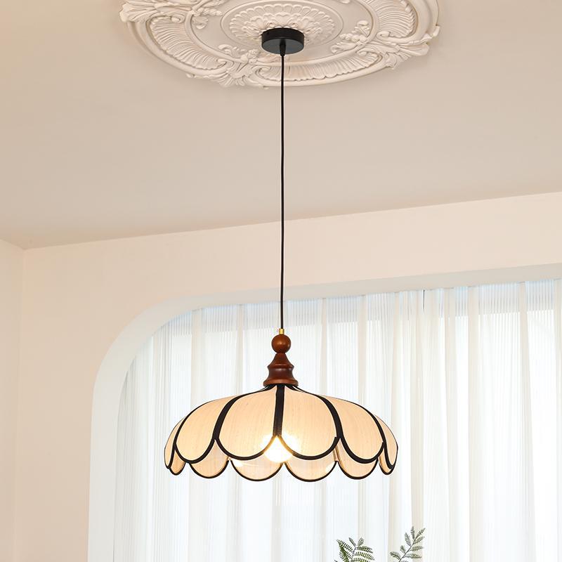 Traditional French Jute Iron Wood Floral 1-Light Pendant Light For Living Room