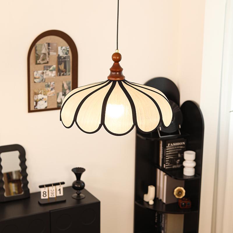 Traditional French Jute Iron Wood Floral 1-Light Pendant Light For Living Room