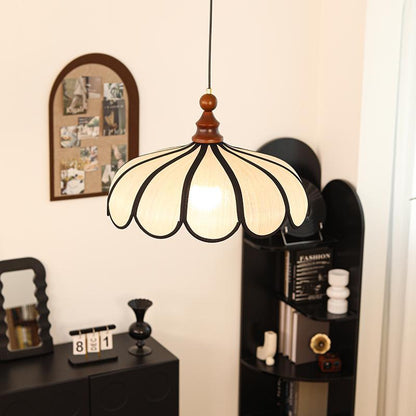 Traditional French Jute Iron Wood Floral 1-Light Pendant Light For Living Room