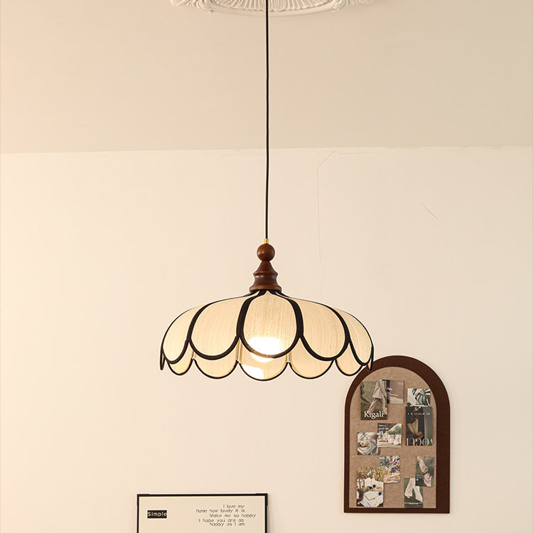 Traditional French Jute Iron Wood Floral 1-Light Pendant Light For Living Room