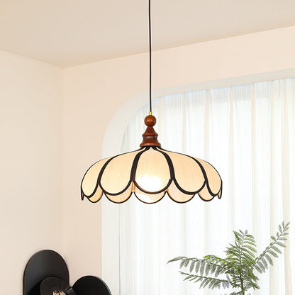 Traditional French Jute Iron Wood Floral 1-Light Pendant Light For Living Room