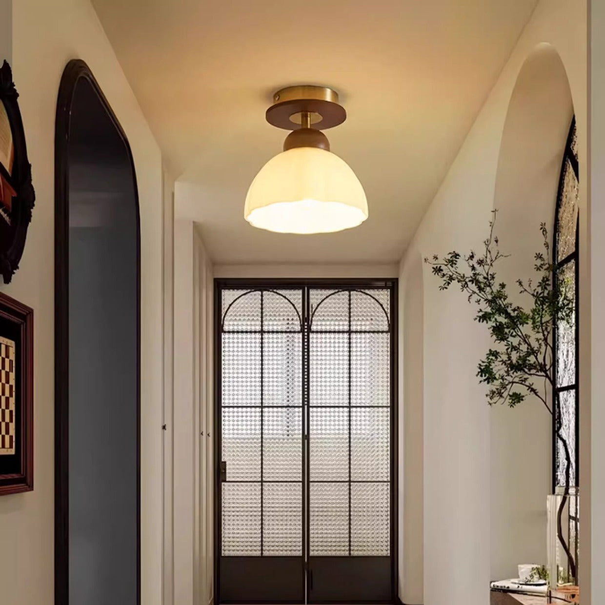 Contemporary Retro Walnut Wood Metal Glass Floral 1-Light Semi-Flush Mount Ceiling Light For Living Room