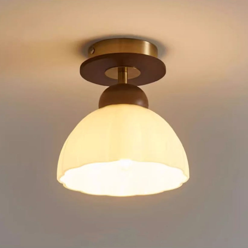 Contemporary Retro Walnut Wood Metal Glass Floral 1-Light Semi-Flush Mount Ceiling Light For Living Room