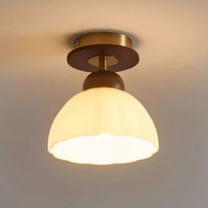 Contemporary Retro Walnut Wood Metal Glass Floral 1-Light Semi-Flush Mount Ceiling Light For Living Room