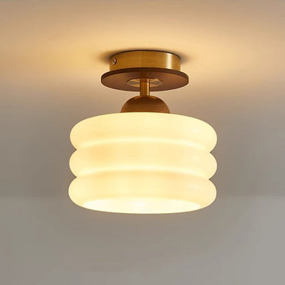 Contemporary Retro Walnut Wood Metal Glass Floral 1-Light Semi-Flush Mount Ceiling Light For Living Room