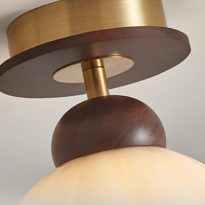 Contemporary Retro Walnut Wood Metal Glass Floral 1-Light Semi-Flush Mount Ceiling Light For Living Room