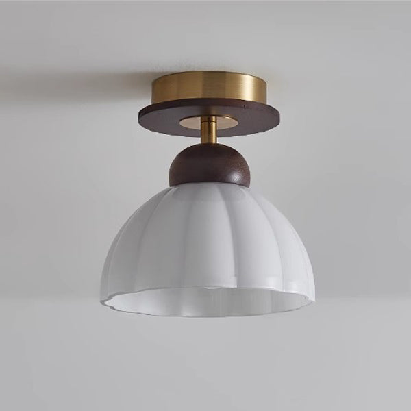 Contemporary Retro Walnut Wood Metal Glass Floral 1-Light Semi-Flush Mount Ceiling Light For Living Room