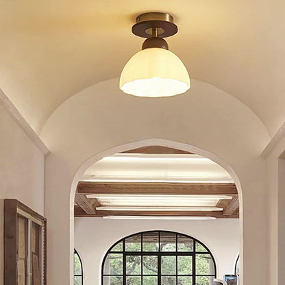 Contemporary Retro Walnut Wood Metal Glass Floral 1-Light Semi-Flush Mount Ceiling Light For Living Room