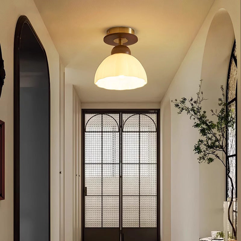 Contemporary Retro Walnut Wood Metal Glass Floral 1-Light Semi-Flush Mount Ceiling Light For Living Room