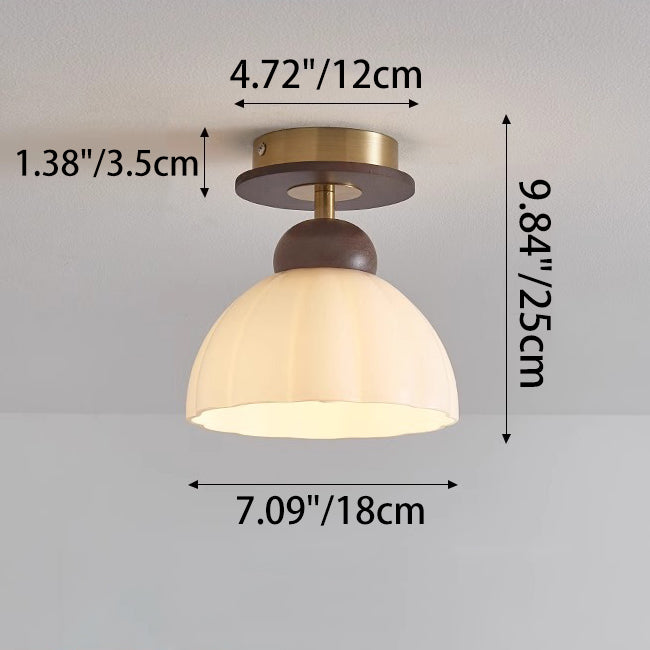 Contemporary Retro Walnut Wood Metal Glass Floral 1-Light Semi-Flush Mount Ceiling Light For Living Room