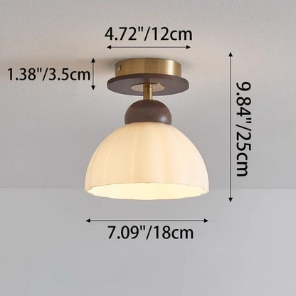 Contemporary Retro Walnut Wood Metal Glass Floral 1-Light Semi-Flush Mount Ceiling Light For Living Room