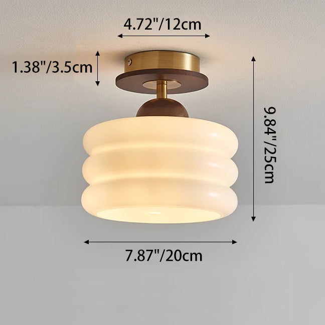 Contemporary Retro Walnut Wood Metal Glass Floral 1-Light Semi-Flush Mount Ceiling Light For Living Room