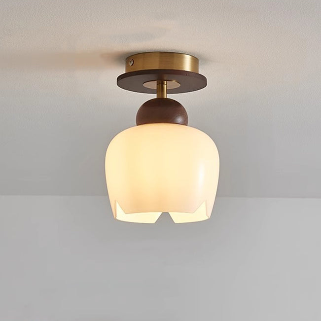 Contemporary Retro Walnut Wood Metal Glass Floral 1-Light Semi-Flush Mount Ceiling Light For Living Room
