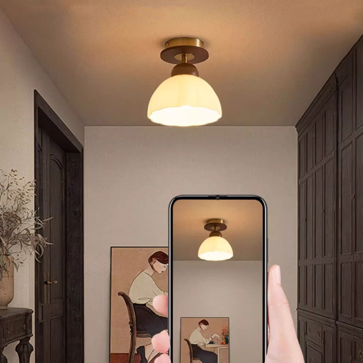 Contemporary Retro Walnut Wood Metal Glass Floral 1-Light Semi-Flush Mount Ceiling Light For Living Room