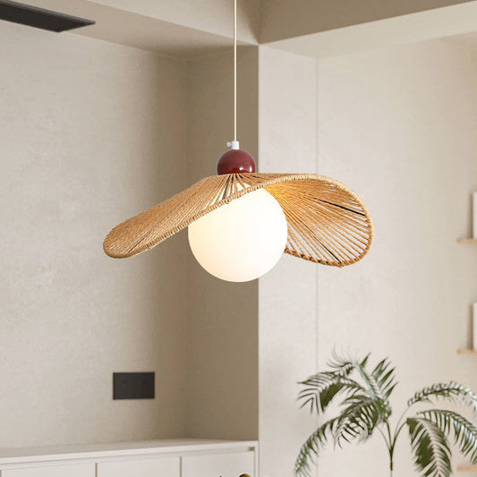 Contemporary Retro Iron Rattan & Glass Hat-Shaped 1-Light Pendant Light For Living Room