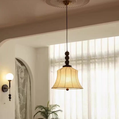 Modern Mid-Century Wood & Fabric Round Floral 1-Light Pendant Light For Living Room