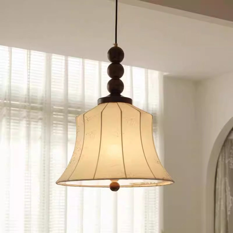 Modern Mid-Century Wood & Fabric Round Floral 1-Light Pendant Light For Living Room