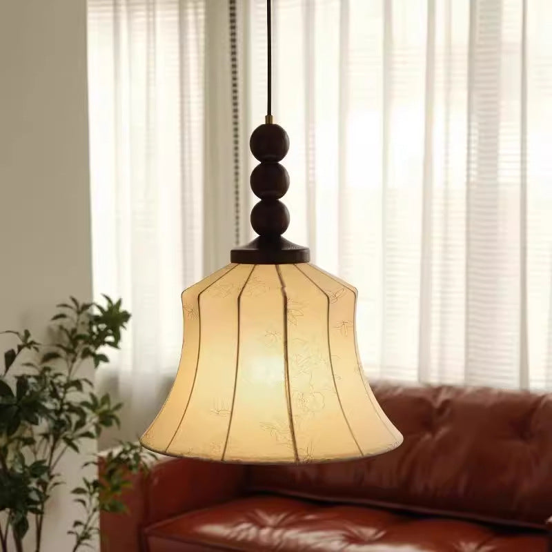 Modern Mid-Century Wood & Fabric Round Floral 1-Light Pendant Light For Living Room
