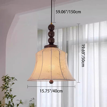 Modern Mid-Century Wood & Fabric Round Floral 1-Light Pendant Light For Living Room