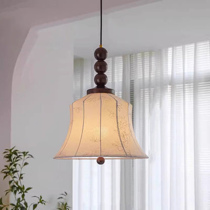 Modern Mid-Century Wood & Fabric Round Floral 1-Light Pendant Light For Living Room