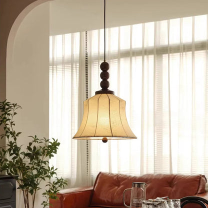 Modern Mid-Century Wood & Fabric Round Floral 1-Light Pendant Light For Living Room