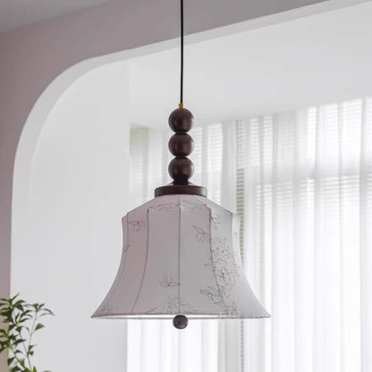 Modern Mid-Century Wood & Fabric Round Floral 1-Light Pendant Light For Living Room