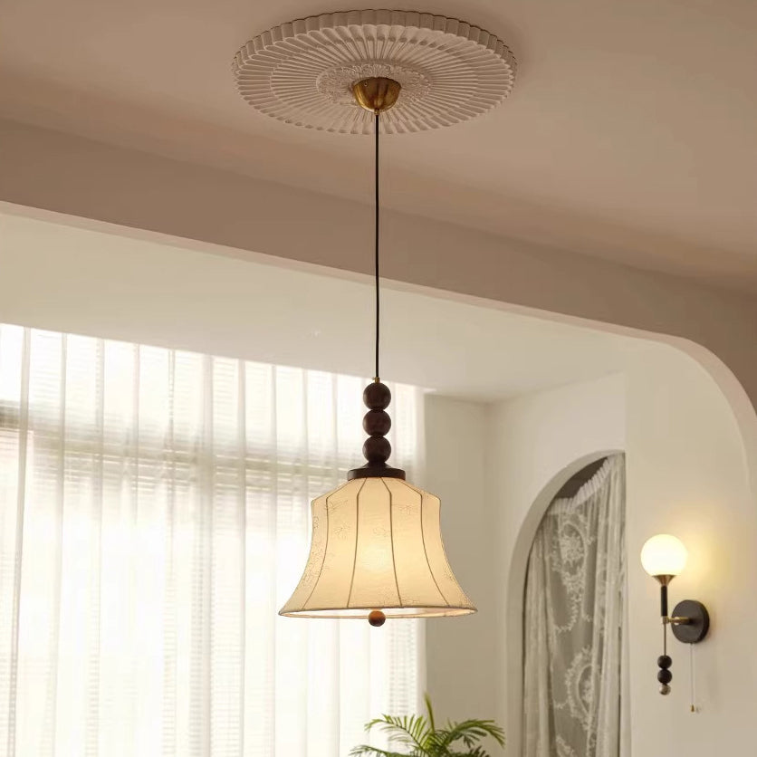 Modern Mid-Century Wood & Fabric Round Floral 1-Light Pendant Light For Living Room