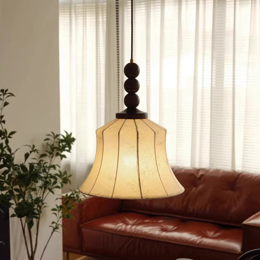 Modern Mid-Century Wood & Fabric Round Floral 1-Light Pendant Light For Living Room