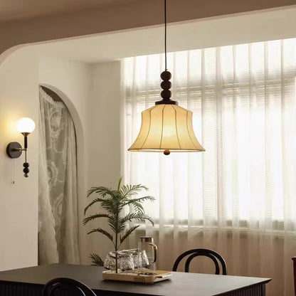 Modern Mid-Century Wood & Fabric Round Floral 1-Light Pendant Light For Living Room