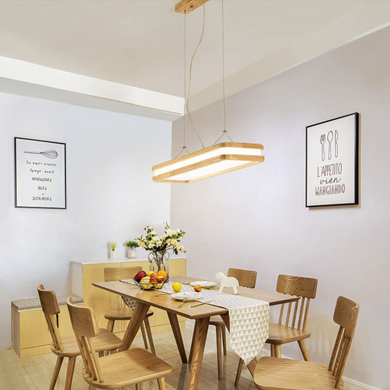 Traditional Japanese Wood Acrylic Rectangular LED Island Light Chandelier For Dining Room