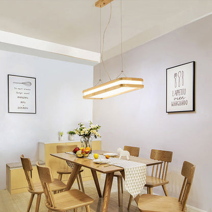 Traditional Japanese Wood Acrylic Rectangular LED Island Light Chandelier For Dining Room