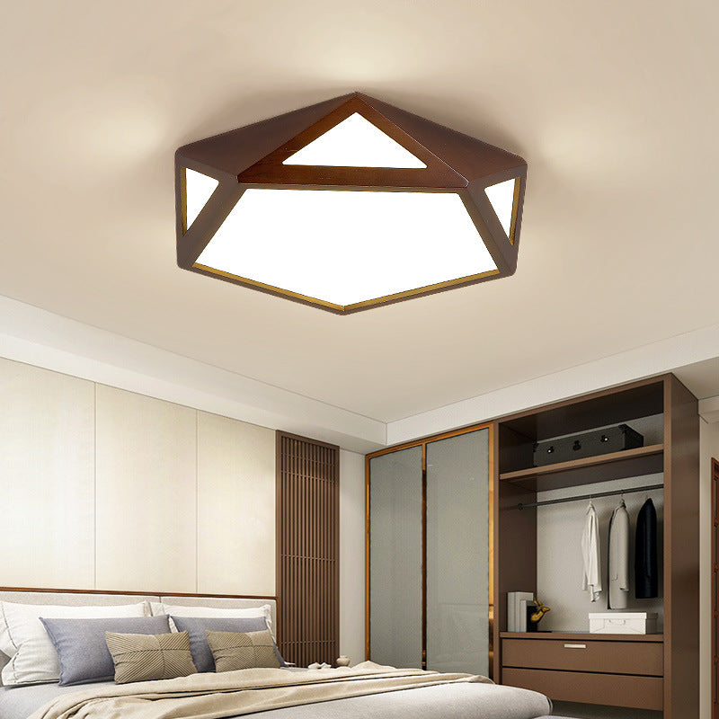 Traditional Chinese Solid Wood & Acrylic Hexagonal LED Flush Mount Ceiling Light For Bedroom