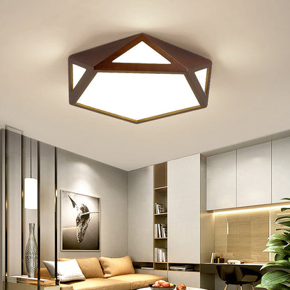 Traditional Chinese Solid Wood & Acrylic Hexagonal LED Flush Mount Ceiling Light For Bedroom