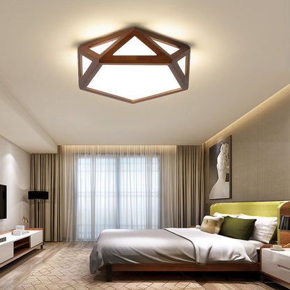 Traditional Chinese Solid Wood & Acrylic Hexagonal LED Flush Mount Ceiling Light For Bedroom