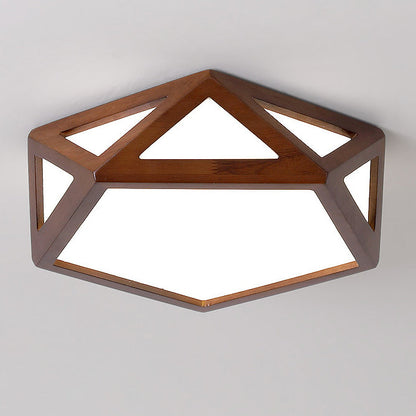 Traditional Chinese Solid Wood & Acrylic Hexagonal LED Flush Mount Ceiling Light For Bedroom