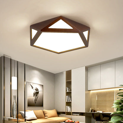 Traditional Chinese Solid Wood & Acrylic Hexagonal LED Flush Mount Ceiling Light For Bedroom